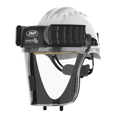Frontal view of the Powercap® Infinity® PAPR model CEA646-000-100 in white, showcasing the full-face clear shield, helmet structure, and frontal air filter positions