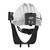 Rear view of the white Powercap® Infinity® PAPR model CEA646-000-100, focusing on the back of the helmet where the battery pack is located and the adjustable head straps for secure fitting